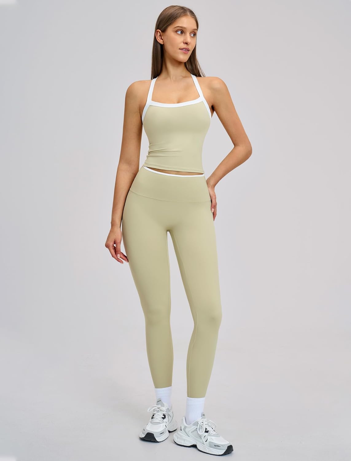 Women 2 Piece Workout Sets Padded Criss Cross Back Crop Tank High Waist Tummy Control Active Leggings Sets Yoga Outfit