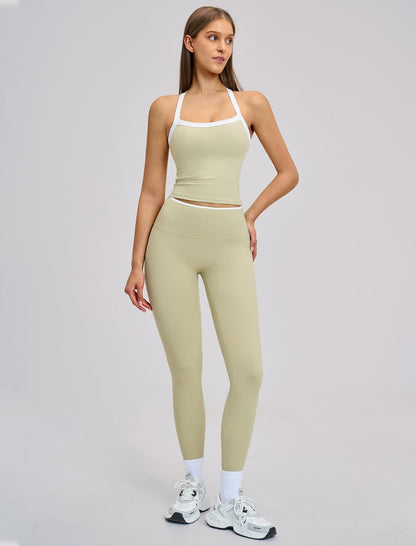 Women 2 Piece Workout Sets Padded Criss Cross Back Crop Tank High Waist Tummy Control Active Leggings Sets Yoga Outfit