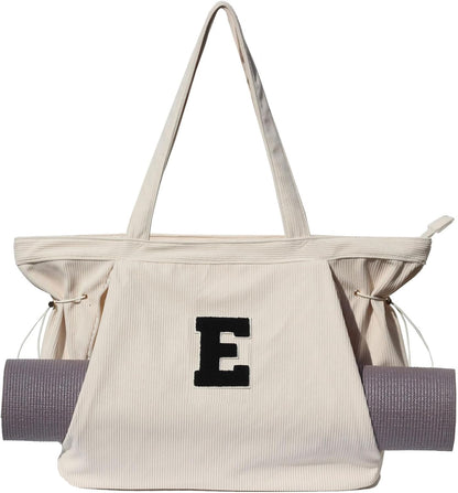 ESVAN Corduroy Yoga Tote Bag Gifts for Women Drawstring Yoga Mat Bag for Office Workout Travel Carryall Pilates Gym