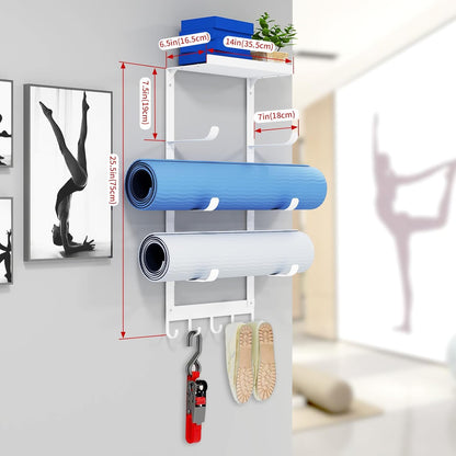 LSK Yoga Mat Holder Wall Mount, Black Yoga Mats Storage Rack, Home Gym Storage with Metal Floating Shelf for Storing Fitness, Yoga Mat Rack with 5 Hooks for Hanging Foam Rollers and Resistance Bands