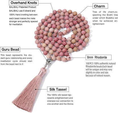 108 Mala Beads Necklace Semi-Precious Gem Stones Meditation Necklace 108 Hand Knotted Japa Mala Beaded Tassel Necklace with Tree of Life Pendant