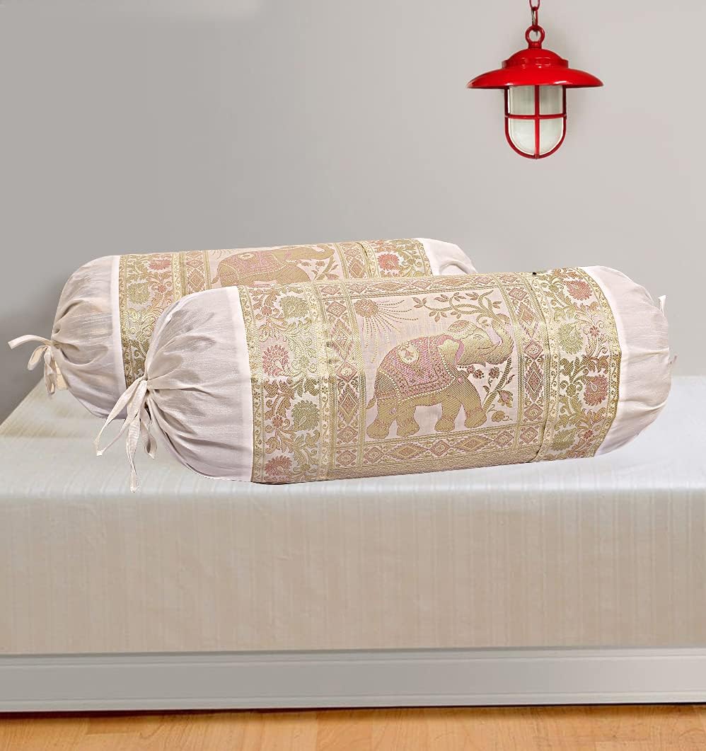 Ethnic Jacquard Brocade Silk Bolster Yoga Rectangle Pillow Cover Elephant White Tube Living Room Decorative Cylindrical Hotdog Traditional Throw Pillowcase 76x38 cm - Set of 2 Pcs