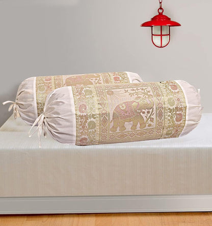 Ethnic Jacquard Brocade Silk Bolster Yoga Rectangle Pillow Cover Elephant White Tube Living Room Decorative Cylindrical Hotdog Traditional Throw Pillowcase 76x38 cm - Set of 2 Pcs
