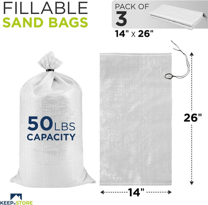 Heavy Duty Sand Bags Pack of 3, White Empty Sandbags with Built-In Ties, Woven Polypropylene UV Protection 1600 Hours, Fillable Sand Bags for Flood Control, Weight, 10x14 inches, 15 Pounds Volume