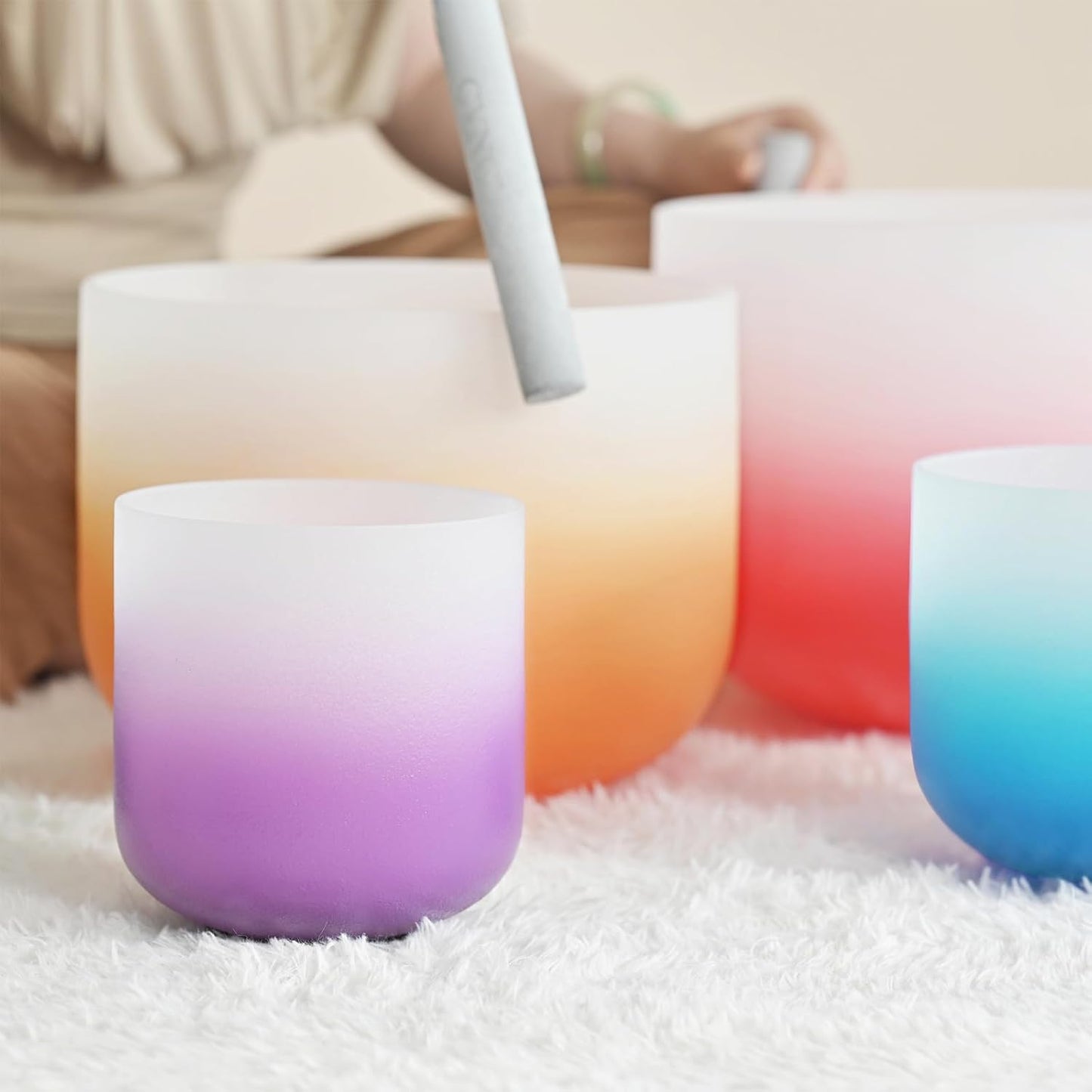 CVNC 432HZ 6-12 Inch Set of 7 PCS Aria Gradient Design Frosted Quartz Crystal Singing Bowls with 2 PCS Carry Case Bag for Sound Healing and Therapy Meditation