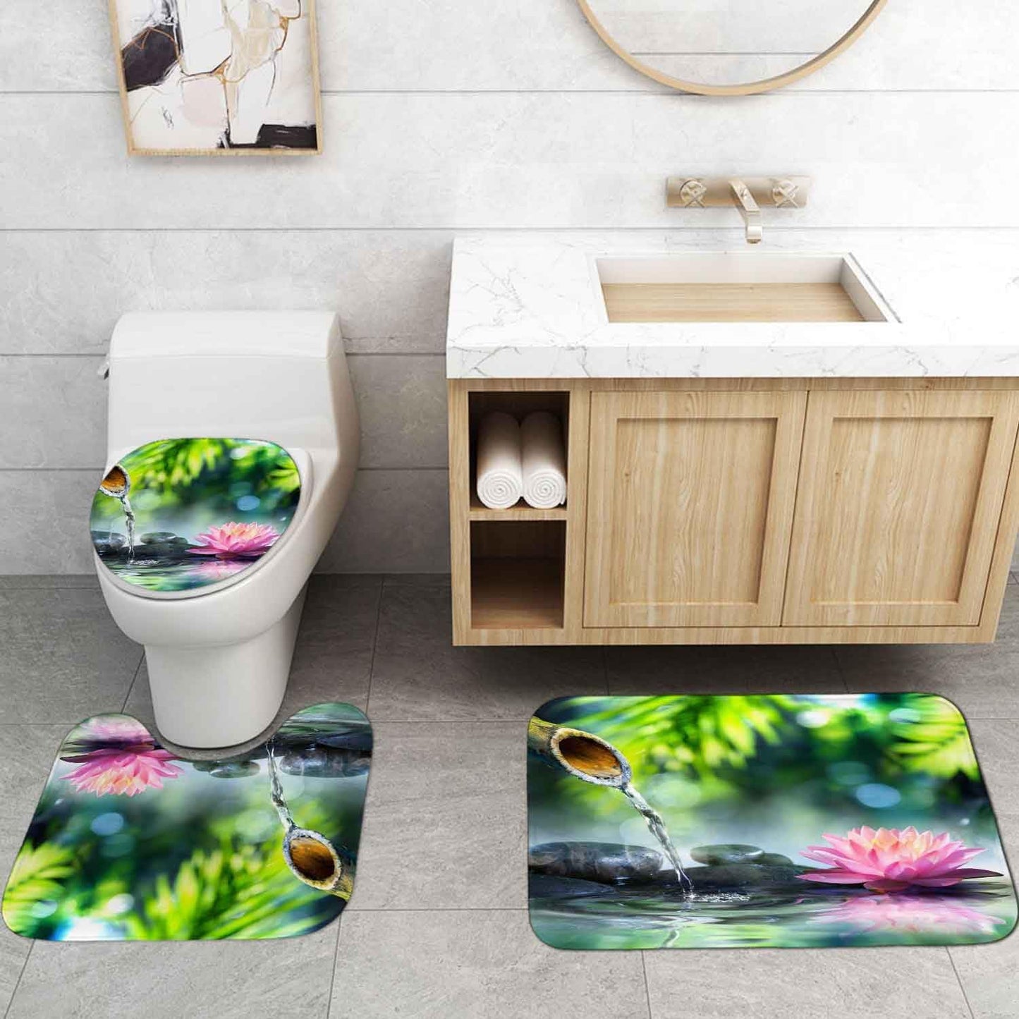 4PCS Spa Zen Shower Curtain Sets with Rugs, White Shower Curtain, Pink Floral Orchid Lotus Water Lily Stone Bamboo Water Reflection Yoga Massage Relaxing Spiritual Meditation Bathroom Decor
