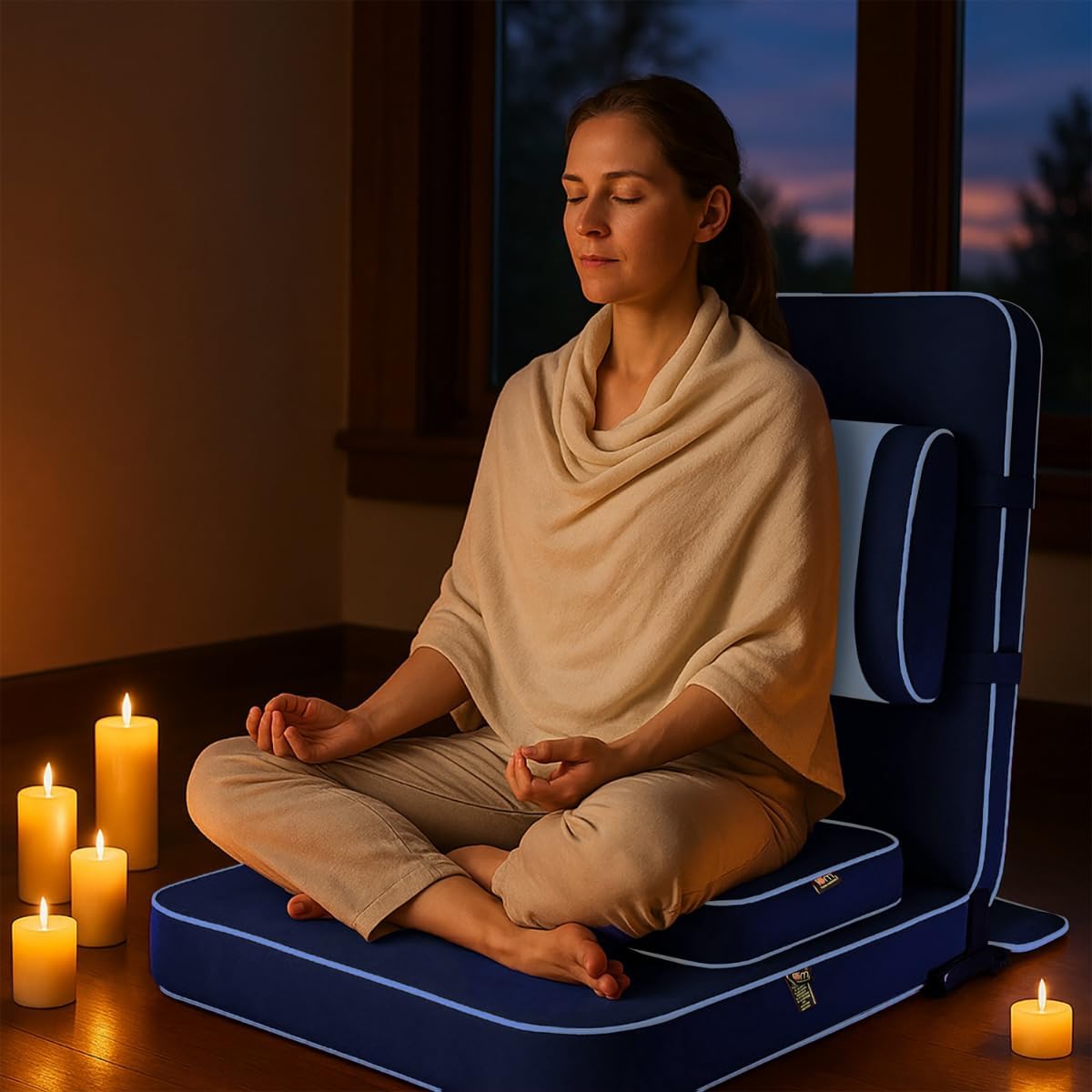 Friends of Meditation Extra Large Meditation Chair | Floor Chair with Back Support | Yoga Chairs for Adults | Portable Folding Chair | Yoga Chair with Cushion & Meditation Block | Black | 24x22 in