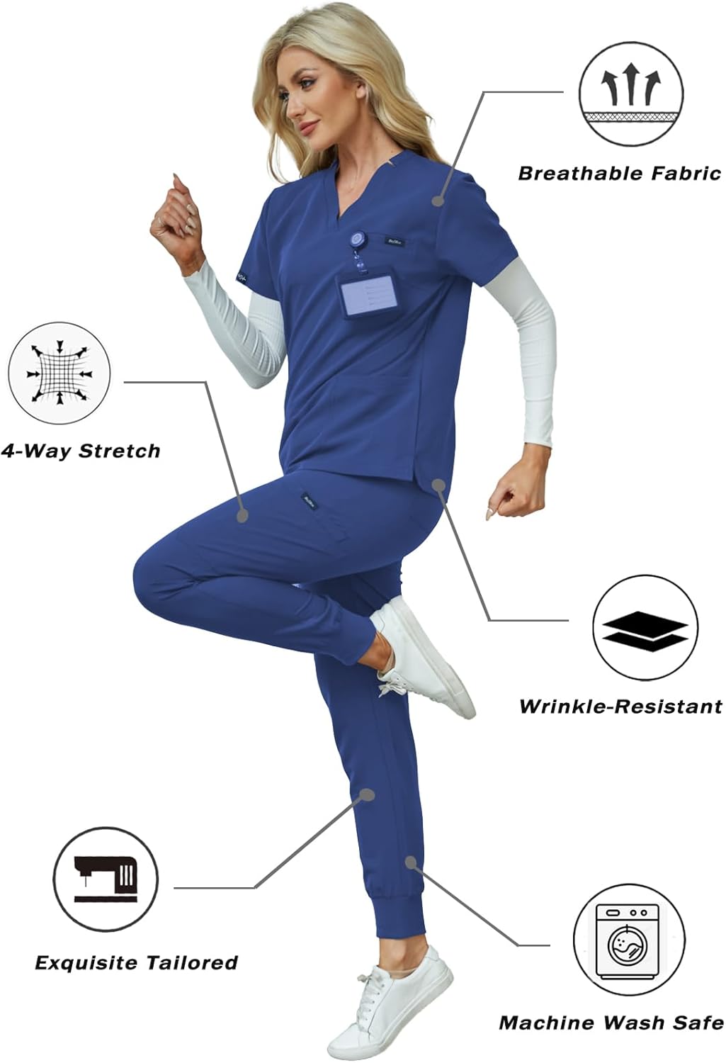 Women's V-Neck Scrubs Set With Cap, Stretchy Top and Jogger Pants, 11 Pockets Nursing Uniform