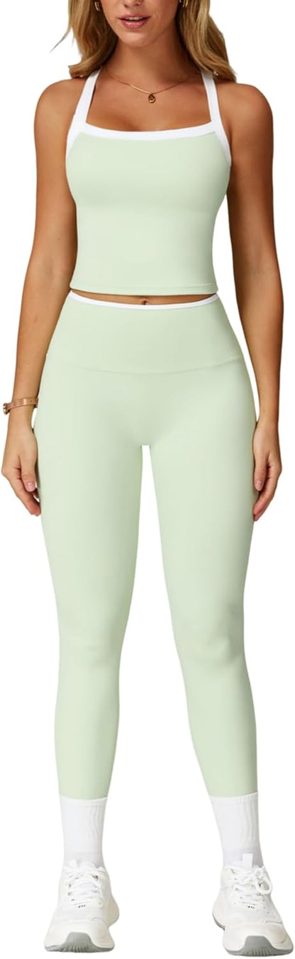 Women 2 Piece Workout Sets Padded Criss Cross Back Crop Tank High Waist Tummy Control Active Leggings Sets Yoga Outfit