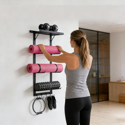 Black Wall Mount Yoga Mat Holder with Floating Shelf & 5 Hooks, Home Gym Storage Rack for Yoga Mats, Foam Rollers and Resistance Bands, Metal