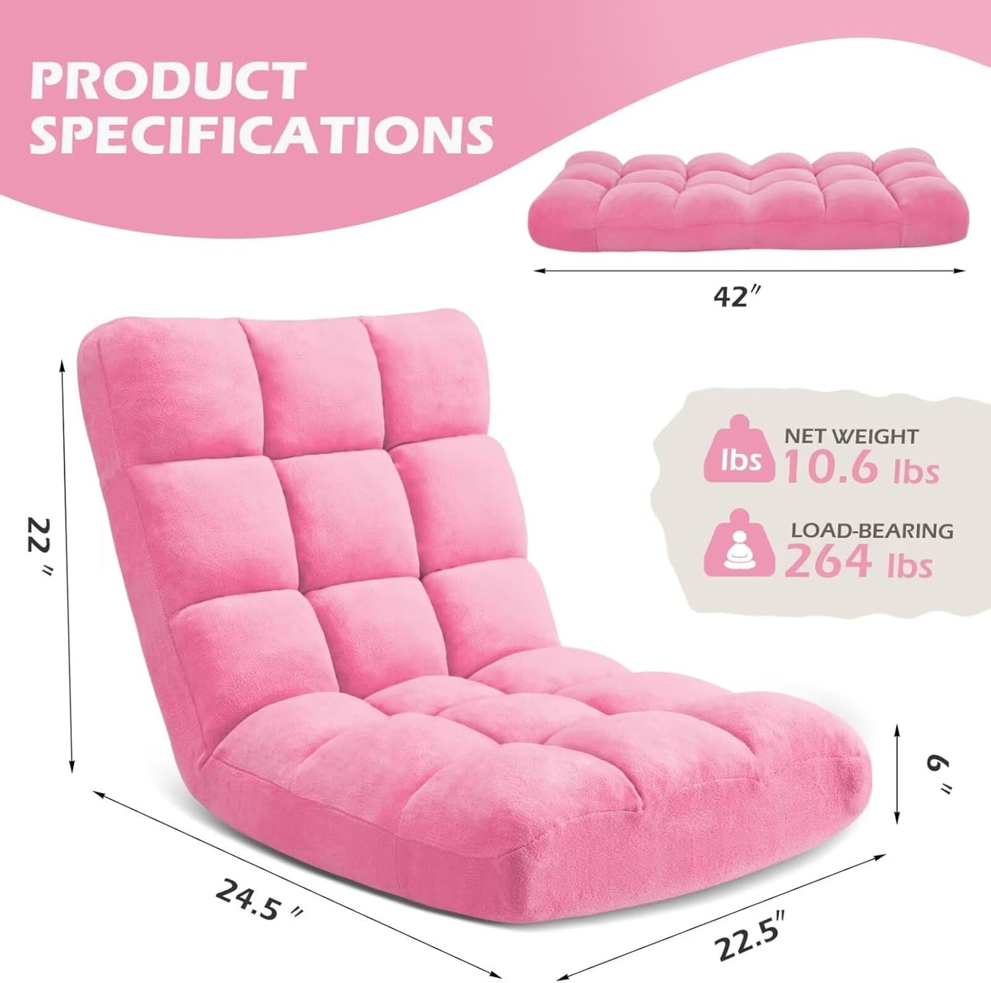 Folding Floor Gaming Chair 14-Poistion Cushioned Adjustable Floor Lazy Sofa Chair w/Breathable Cotton & Skin-Friendly Coral Velve for Adults & Kids Perfect for Reading Gaming Meditating, Grey