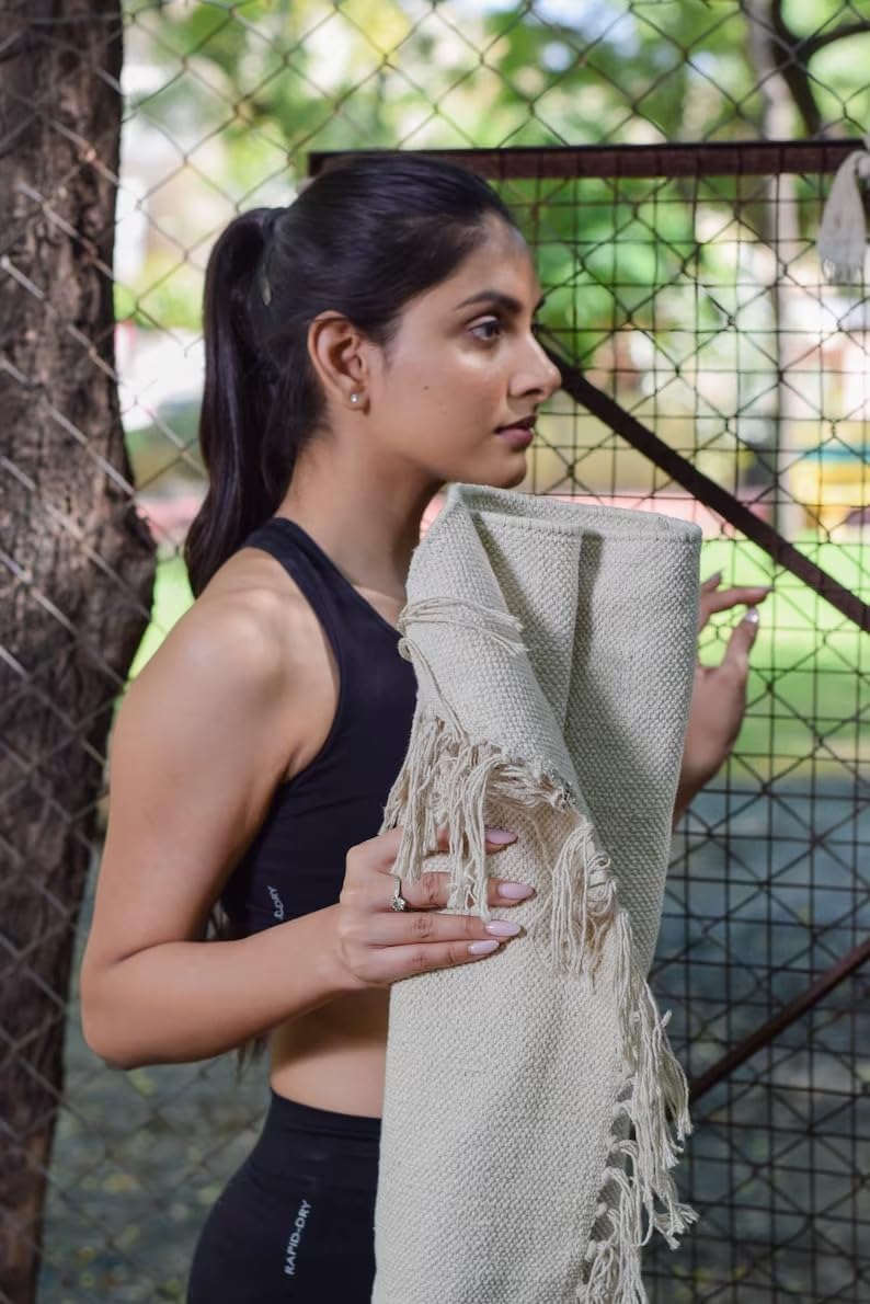 Jaipur art & Rugs Organic Cotton Yoga Mat - Eco-Friendly Hand-Woven Rug - Non Slip & Thick (24”x72”x5mm) for Everyday Fitness at Home - Comfortable Extra-Long