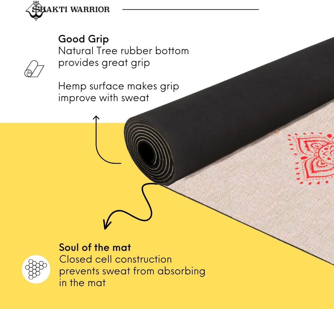 Shakti Warrior Hemp Yoga mat - Extra Long and Wide - Artist Designed, Premium eco Friendly mats, Non Slip, Non Toxic, Great for Regular & Hot Yoga, Pilates and Workouts (84 inch x 27 inch x 2mm Thick)