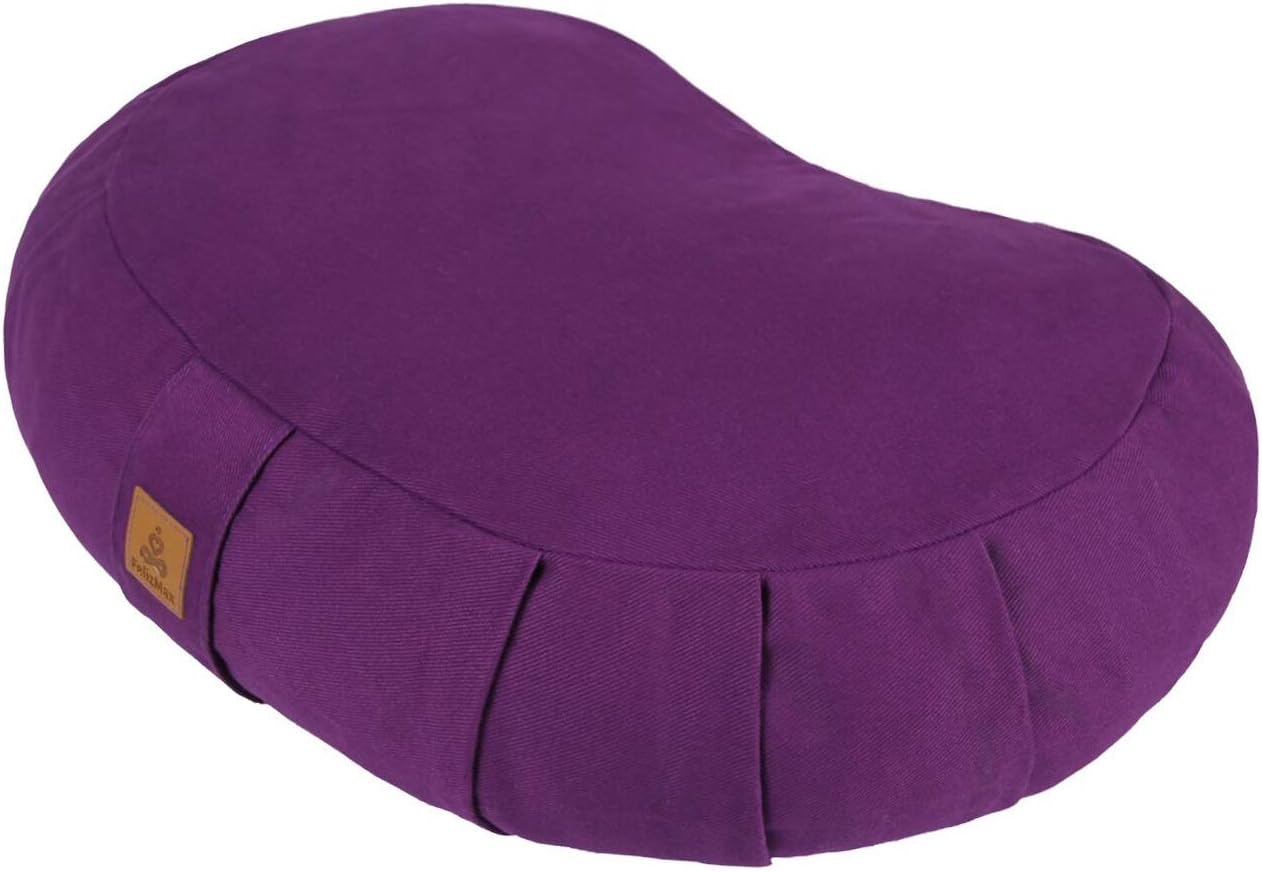 Crescent Zafu Meditation Pillow, D=17" W=11" H=5.5" Zabuton Yoga Bolster, Meditation Cushion, Floor Pouf Yoga Pillow Zippered Organic Cotton Cover Natural Buckwheat kneeling pillow - Large