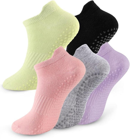5 Pairs Pilates Socks with Grips for Women Non Slip Grip Yoga Crew Socks for Barre Hospital Barefoot Workout