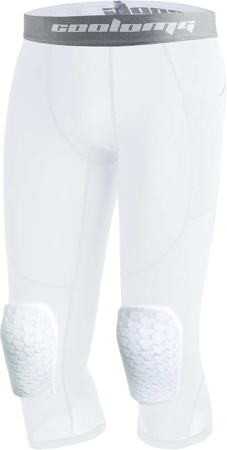 COOLOMG Basketball Leggings with Knee Pads for Kids Youth 3/4 Compression Pants Capri Tights Side Pockets
