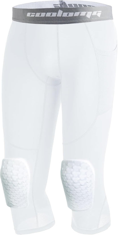 COOLOMG Basketball Leggings with Knee Pads for Kids Youth 3/4 Compression Pants Capri Tights Side Pockets