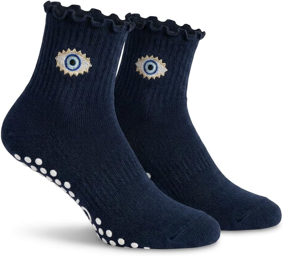 Non-Slip Pilates Socks with Grips for Women | Cute Grip Socks Yoga Ballet | Anti Skid Athletic Socks | Set of 1 | Dark Evil Eye | Ruffle Fit