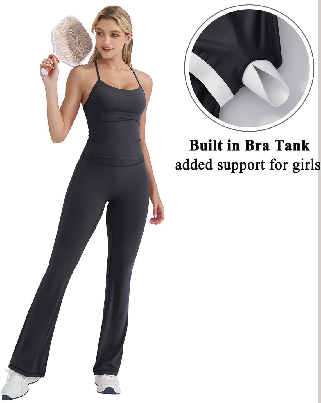 OMKAGI 2 Piece Workout Sets for Women Padded Tank Tops Flare Leggings Pilates Outfits