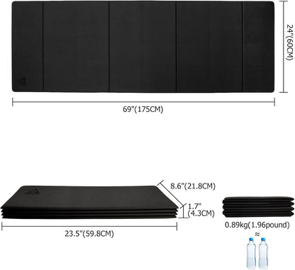 IwIeIaIrI Foldable Yoga Workout Mat with Strap– 1/4" (6MM) Thick, Lightweight, Non-Slip, 69x24" Long-Wide, POE, Portable & Easy to Store for Women Men Home Workout, Pilates, Gym, Travel, Floor Exercises (Dark Grey)