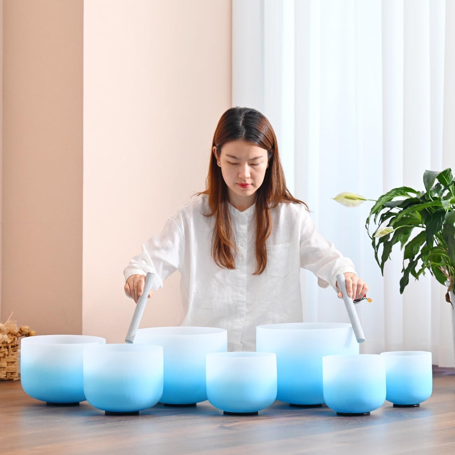 CVNC 432HZ 6-12 Inch Set Of 7 PCS Frosted Chakra Quartz Crystal Singing Bowls for Sound Healing with 2 PCS Travel Carry Case Bag