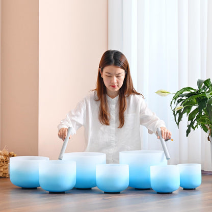 CVNC 432HZ 6-12 Inch Set Of 7 PCS Frosted Chakra Quartz Crystal Singing Bowls for Sound Healing with 2 PCS Travel Carry Case Bag