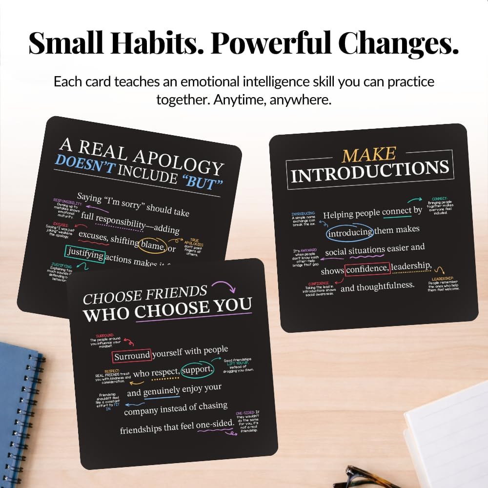 Emotional Intelligence Mindset Cards – 52 Daily Habits for Confidence, Connection & Social Skills – for Kids, Teens & Adults – Includes Wooden Display Stand – Gift for Teachers & Parents