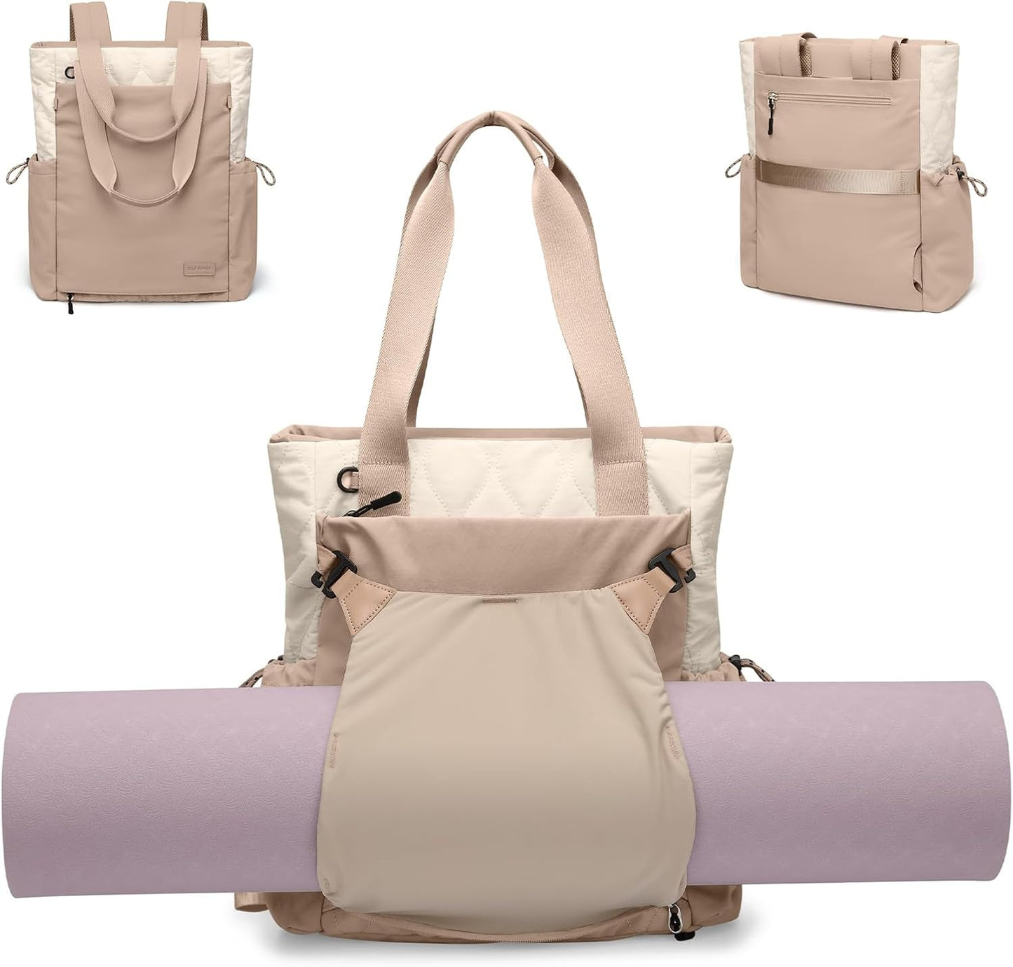 GOLF SUPAGS 3-in-1 Laptop Tote Backpack for Women 15.6" Quilted Work Gym Bag with Hidden Yoga Mat Carrier for Travel Leisure (Gravel Brown & Beige)