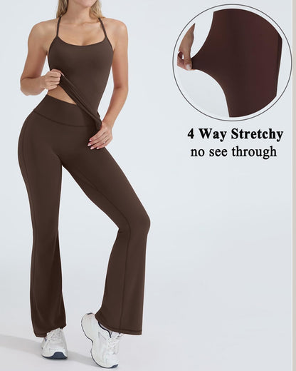OMKAGI 2 Piece Workout Sets for Women Padded Tank Tops Flare Leggings Pilates Outfits