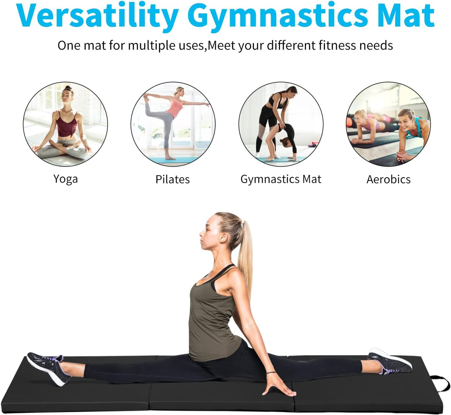 BLKMTY Gymnastics Mats - 2'x6' Folding Exercise & Yoga Mat with Carrying Handles for Kids' Tumbling & Home Gym