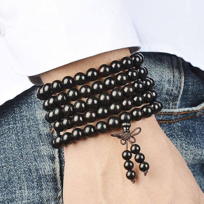 Handmade Mala Beads Bracelet 108 8mm Prayer Meditation Bracelet Sandalwood Elastic, Buddhist Beads, Prayer Mala Necklace for Men and Women Gifts