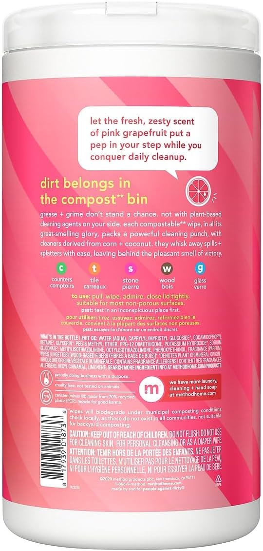 Method All-Purpose Cleaning Wipes, French Lavender, Multi-Surface, Compostable, 70 Count, (Pack of 3)