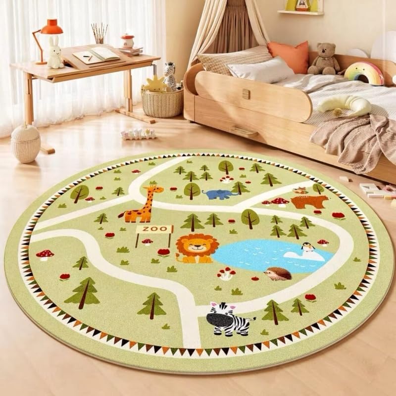 Poowe Cute Animals Kids Room Rug,39.4" Round Washable Area Rugs Rabbit Rug Nursery Rug for Baby Boys Girls Play Mat Floor Carpet Non Slip Soft Rugs for Living Room Bedroom Playroom Classroom