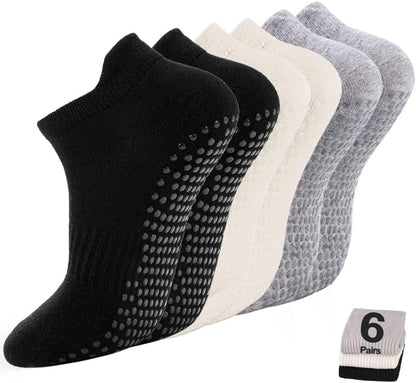 5 Pairs Pilates Socks with Grips for Women Non Slip Grip Yoga Crew Socks for Barre Hospital Barefoot Workout