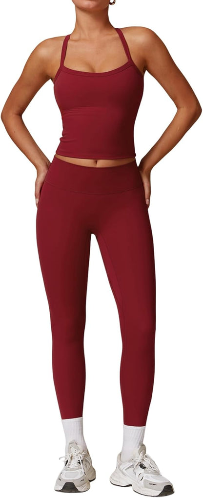 Women 2 Piece Workout Sets Padded Criss Cross Back Crop Tank High Waist Tummy Control Active Leggings Sets Yoga Outfit