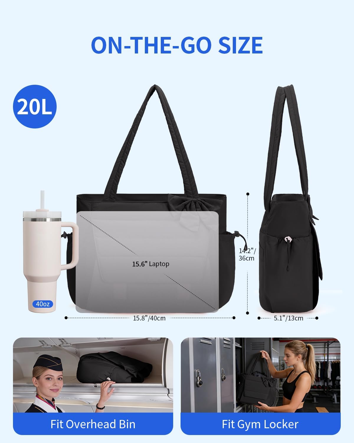 Wandering Nature Bow Tote Bag for Work Fits 40oz Tumbler, Yoga Bag with Wet Pocket & Yoga Mat Pocket, Commute, Gym, Travel