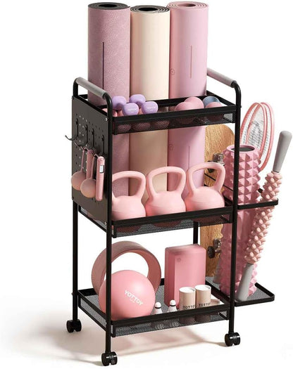 YOTTOY 3-Tier Gym Storage Rack for Home Gym–Multi-Functional Weight Rack, Dumbbell Rack, Yoga Mat Holder with Side Basket & 6 Hooks, Gym Equipment Organizer