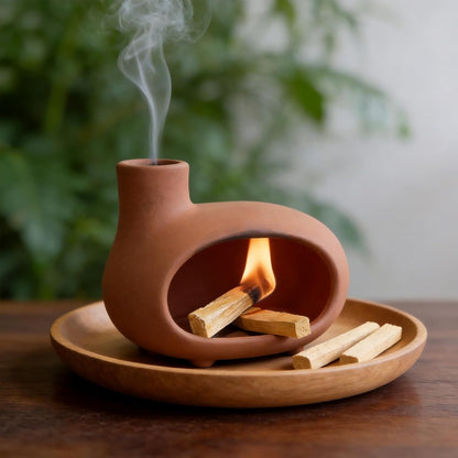 MOUGIGI Terracotta Palo Santo Holder - Modern Chiminea Incense Burner for Yoga, Meditation, and Energy Cleansing - Wood Sticks Dish, Sage Ash Catcher, Smudge Bowl, Cone Burner - Unique Meditation Gift