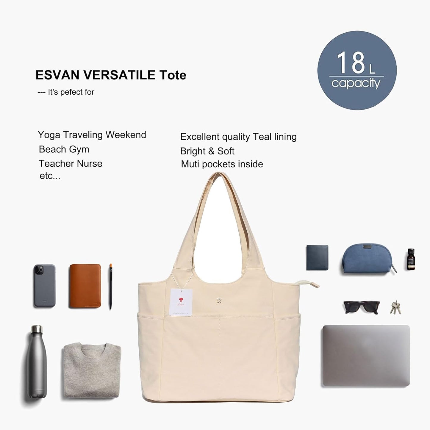ESVAN Yoga Tote Bag Mat bag Women Shoulder Bags Carryall Tote for Travel Office Workout Gym Nurse Beach