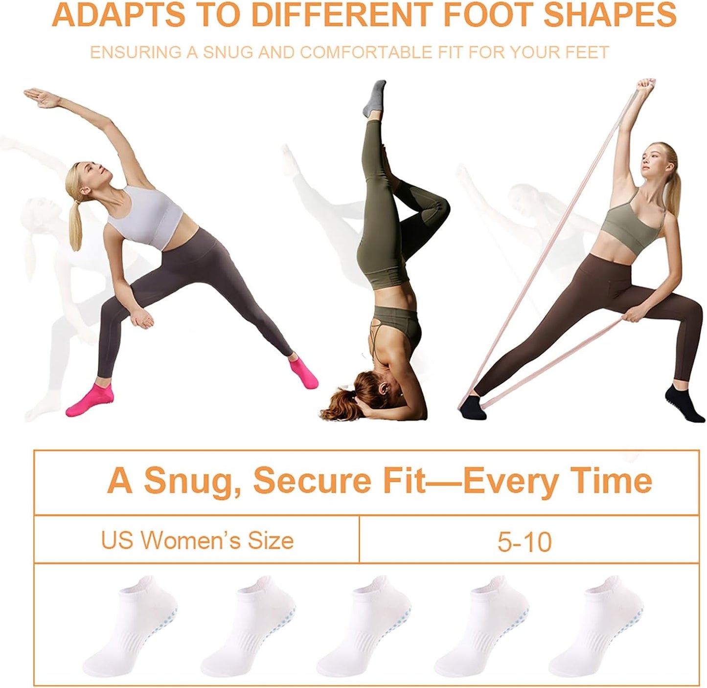 5 Pairs Pilates Socks with Grips for Women Non Slip Grip Yoga Crew Socks for Barre Hospital Barefoot Workout