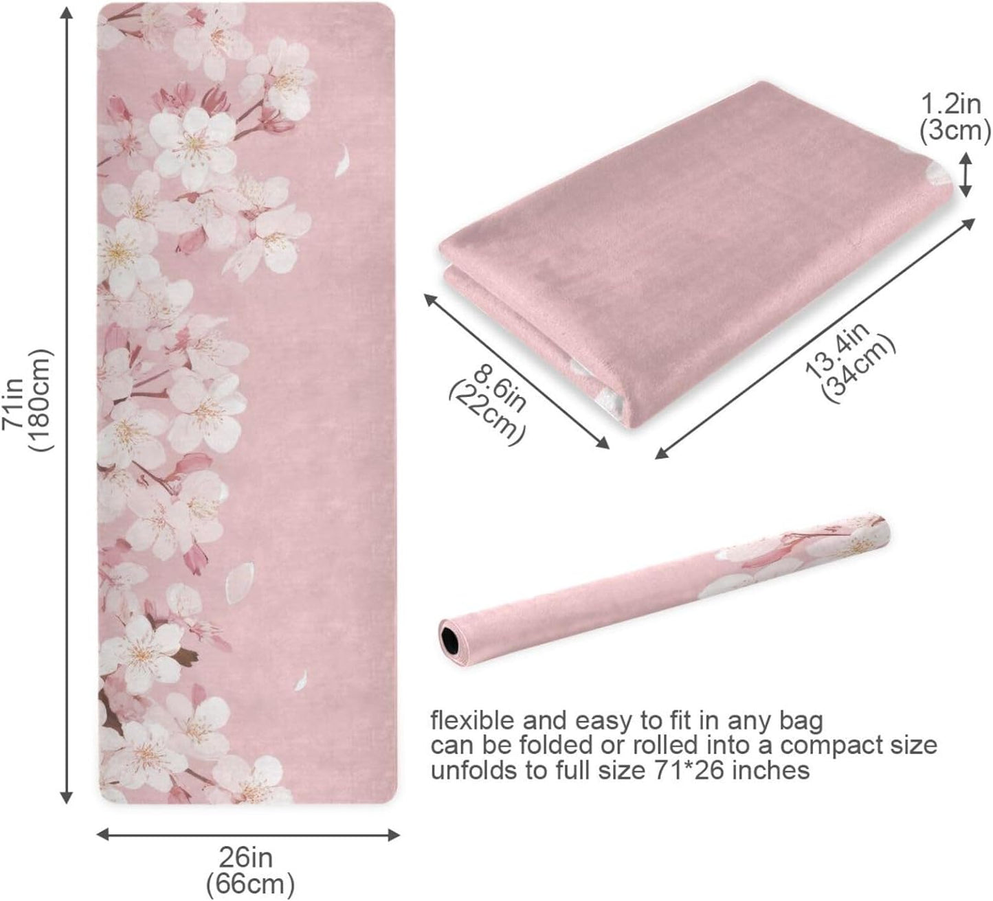 Cherry Blossom Flower Yoga Mat Non-Slip Eco-Friendly Exercise Fitness Mat for Yoga Pilates and Floor Workouts for Women & Men, 71 x 26 in
