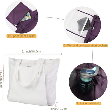 Yoga Mat Bag for Women, 100% Cotton Canvas Tote with Wet/Dry Pocket, Bottle Holder and Inner Zipper Pocket, 25L Carrier for Pilates and Travel