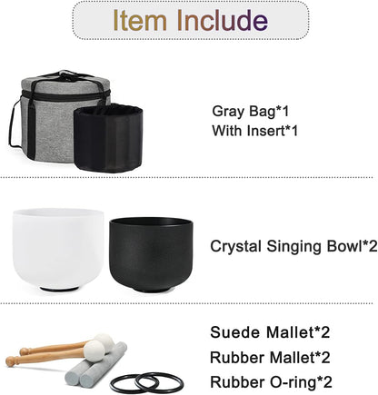 Couple of 2 PCS Yin and Yang Crystal Singing Bowl Set 8 Inch Black and 10 Inch White Mutual Attraction Bowls