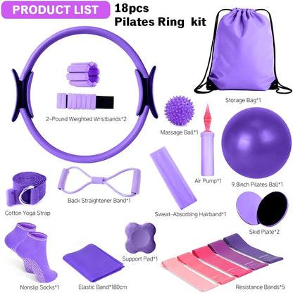 Pilates Equipment Set for Home Workouts –15in1 Home Pilates Kit with Ring and Ball Set, Resistance Bands, Pilates Yoga,Core Sliders & Ankle Weights, Pilates Essentials Kit