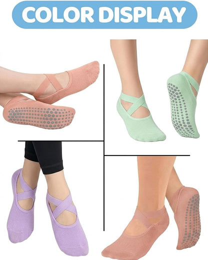 AURUZA Pilates Grip Socks for Women Non Slip Skid Yoga Socks with Grips Straps for Ballet Dance Workout Gripper Sock