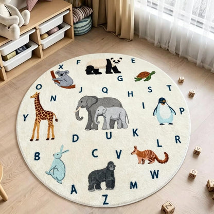 Poowe Cute Animals Kids Room Rug,39.4" Round Washable Area Rugs Rabbit Rug Nursery Rug for Baby Boys Girls Play Mat Floor Carpet Non Slip Soft Rugs for Living Room Bedroom Playroom Classroom