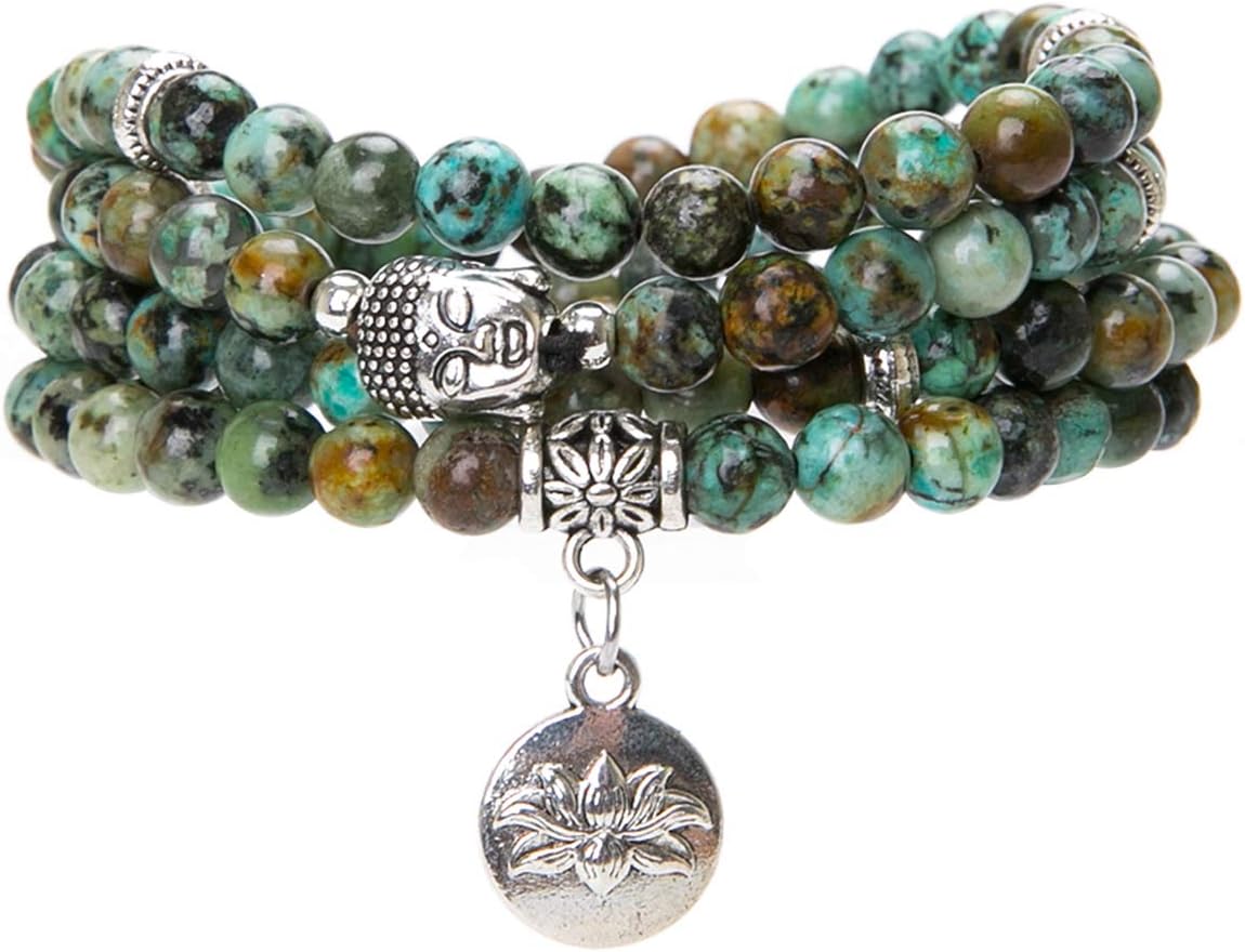 Bivei 108 Mala Beads Necklace Long Beaded Wrap Bracelets Genuine Gemstone Mala Prayer Beads Lotus Buddha Charm Yoga Meditation Necklace