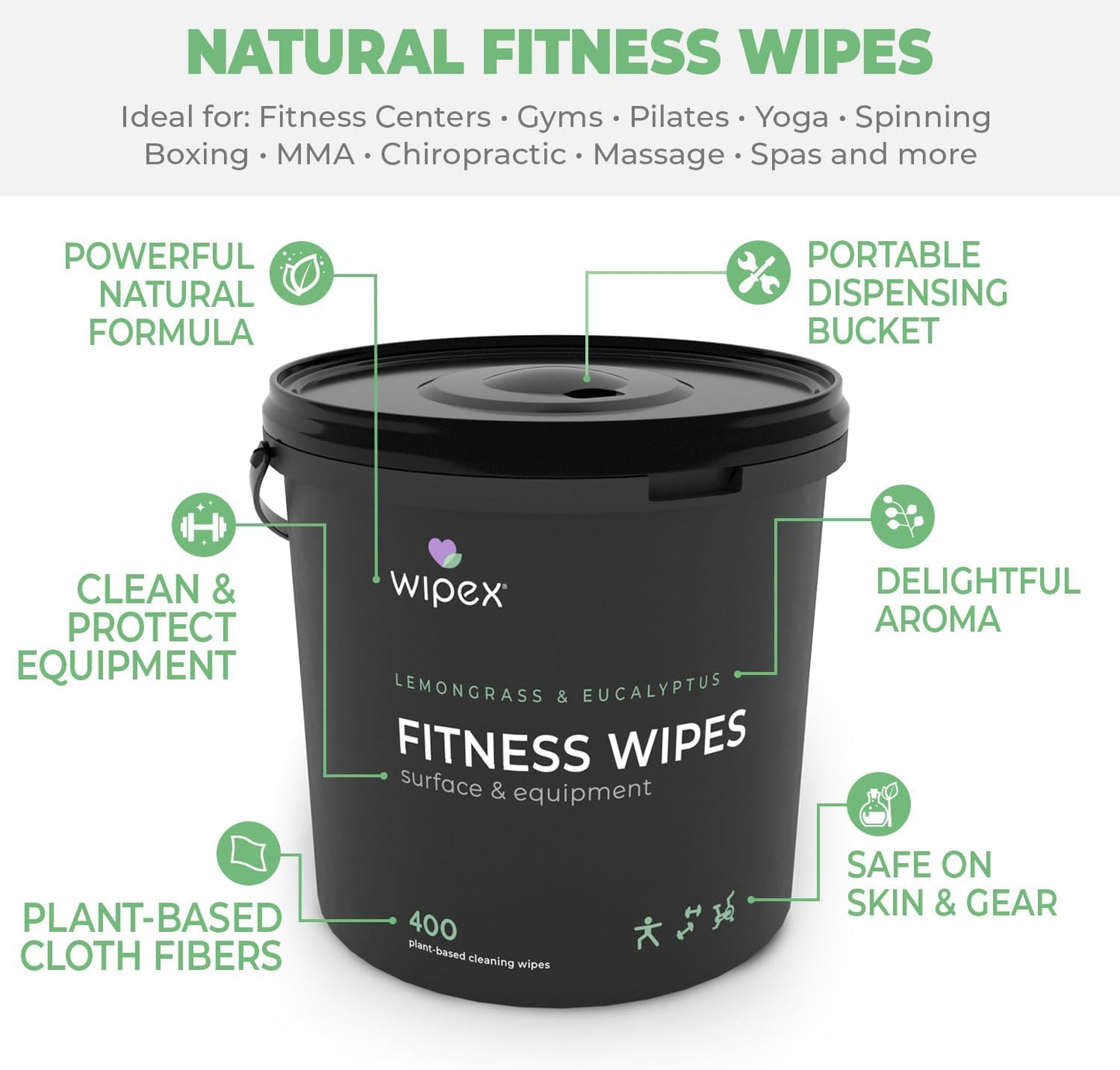 Wipex Yoga Mat Cleaner Wipes, EWG Verified, 400 Ct Plant-Based Lemongrass, Eucalyptus & Vinegar Wipes for Gym & Fitness Equipment & All Purpose Gym Cleaning - Safe for Peloton Bikes & Treadmills