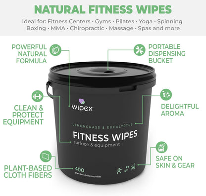 Wipex Yoga Mat Cleaner Wipes, EWG Verified, 400 Ct Plant-Based Lemongrass, Eucalyptus & Vinegar Wipes for Gym & Fitness Equipment & All Purpose Gym Cleaning - Safe for Peloton Bikes & Treadmills