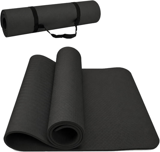 Thick TPE Yoga Mat, Non-Slip Eco-Friendly Exercise Mat with Carrying Strap for Yoga, Pilates and Home Workouts, Standard and Extra Wide Options